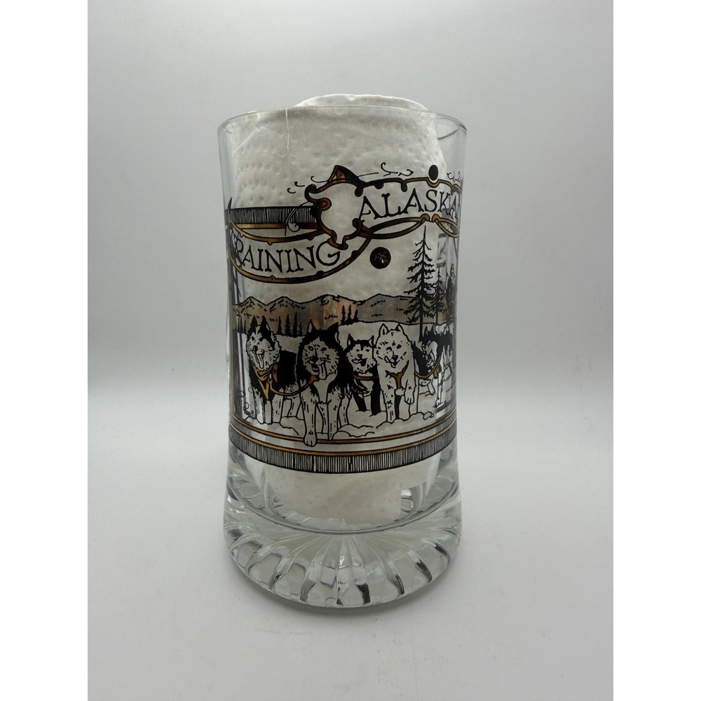 Vintage Alaska Beer Stein Tankard Glass Mug Dog Sled Gold Souvenir Barware